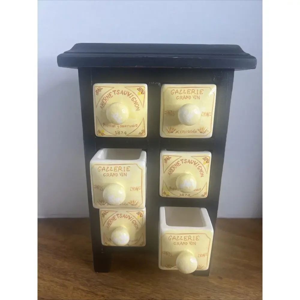 Vintage French Style Apothecary Spice Rack with 6 Porcelain Drawers and Wood Cab